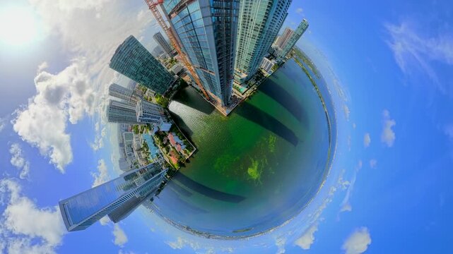Aerial rise tiny planet effect drone footage