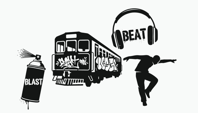 Street art culture elements with graffiti train spray can and breakdancer