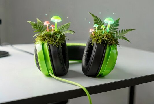 Green gaming headphones decorated with moss and glowing mushrooms