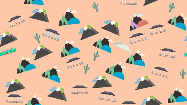 Stylized Mountains, Pagodas, and Cacti Pattern