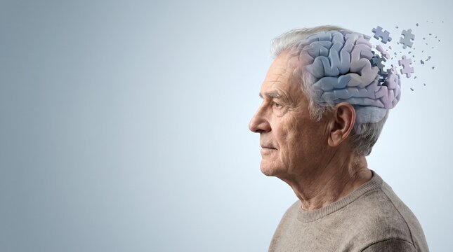 Profil eines &auml;lteren Mannes mit Gehirn aus Puzzleteilen, die sich aufl&ouml;sen. Konzept f&uuml;r Demenz, Alzheimer, Ged&auml;chtnisverlust und neurologische Erkrankungen, mit Textfreiraum