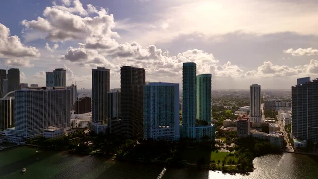 High contrast sunset aerial Edgewater Miami backlit