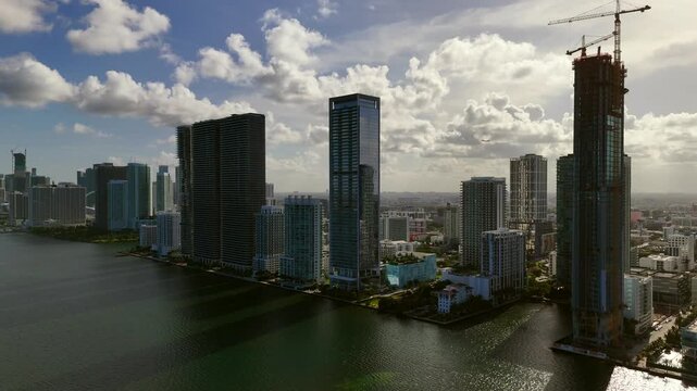 High contrast aerial drone video towers of Edgewater Miami 2026