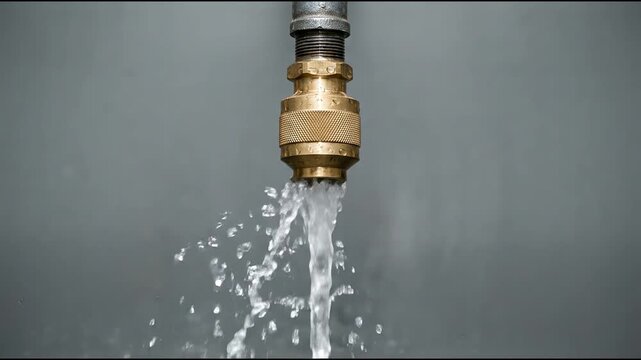 Solid brass deluge shower nozzle spraying a pressurized cone of water droplets from its circular orifice downward