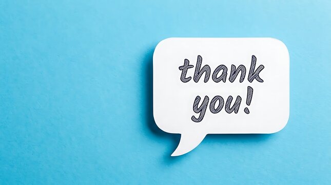 Thank you message in a speech bubble on blue background for expressing gratitude and appreciation, perfect for greeting cards and invitations.