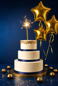 Elegant tiered birthday cake with gold star balloons and sparkler decoration