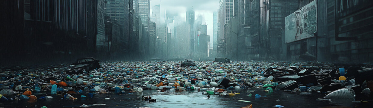 Street-level view of a flooded city street submerged in plastic waste and abandoned cars