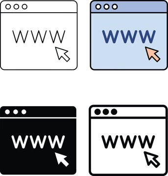 Web Browser with Cursor and WWW Internet Icon Set, Website Design and Online Technology