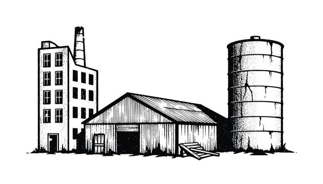 Hand drawn vintage illustration of an industrial farm complex with a factory barn and silo