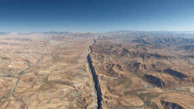 Aerial view of a long geological fault line cutting through vast arid desert landscapes with geological fracture desert landscape tectonic plate