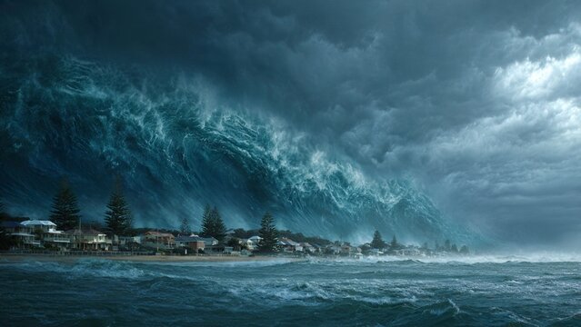 Massive ocean tsunami wave approaching a coastal town with dark stormy clouds stormy sky extreme weather giant wave disaster natural disaster