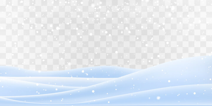 Vector snowfall, realistic snowdrift hill for winter background. Snow landscape decoration, frozen hills isolated on png background.  Christmas snowy scene, white mounds and snow pile.