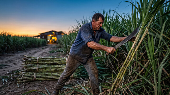 Farmer harvesting sugarcane with a machete at sunset on a farm