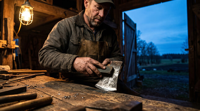 Craftsman sharpening an axe in a rustic workshop at dusk