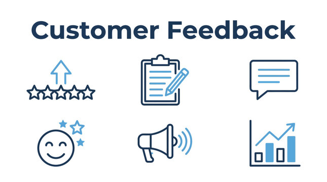 6 customer feedback blue line icons for reviews