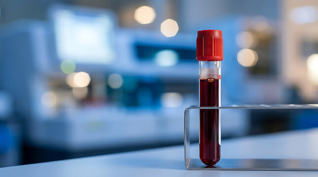 scientific blood sample test tube with red cap in laboratory environment for medical analysis and research purposes