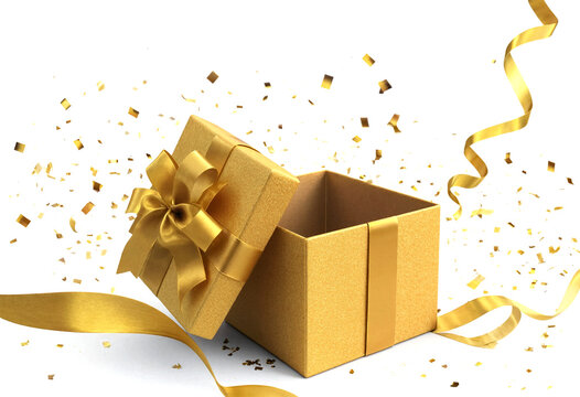Open gift box with golden ribbon and confetti celebration elements