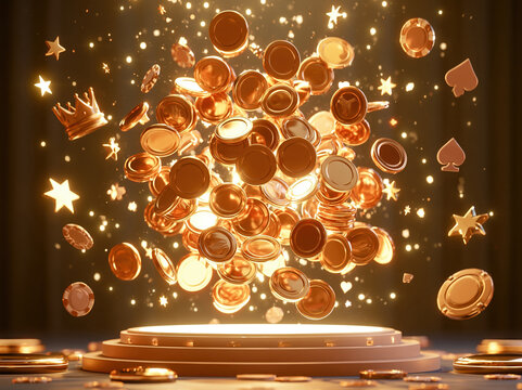 Casino gold coin blast above luxurious podium, dynamic motion bursting coins, shiny interactive buttons, crowns and stars, poker chips and card suits, vibrant glossy 3D game asset, dramatic spotlight