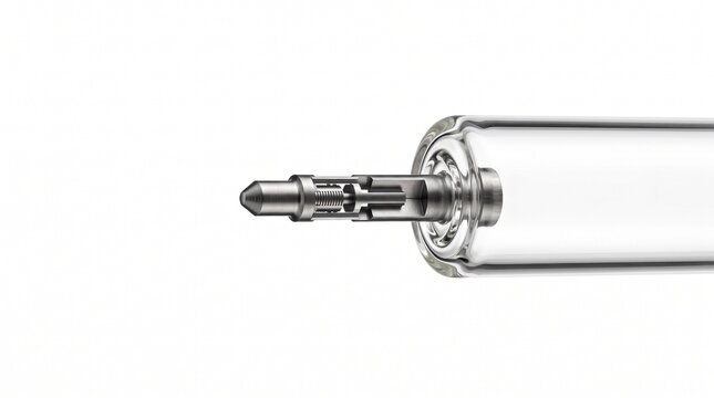 Macro of a UV sterilizer lamp cathode pin. Raw tungsten electrode inside a clear quartz glass tube. Commercial aquaculture pathogen control hardware isolated on a white background.