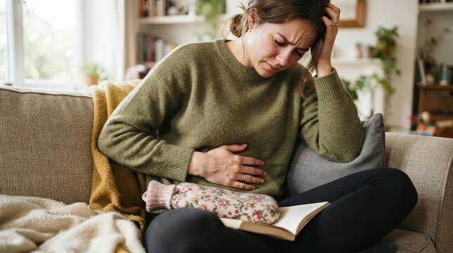 Woman Suffering From Period Cramps Resting In The Living Room With A Warm Floral Heating Bottle.