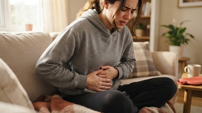 Young Woman Experiencing Abdominal Pain And Menstrual Cramps While Sitting On A Comfortable Sofa.