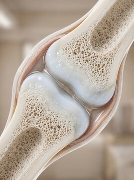 Close-up 3D illustration of a human knee joint showing bones, cartilage, and synovial fluid.