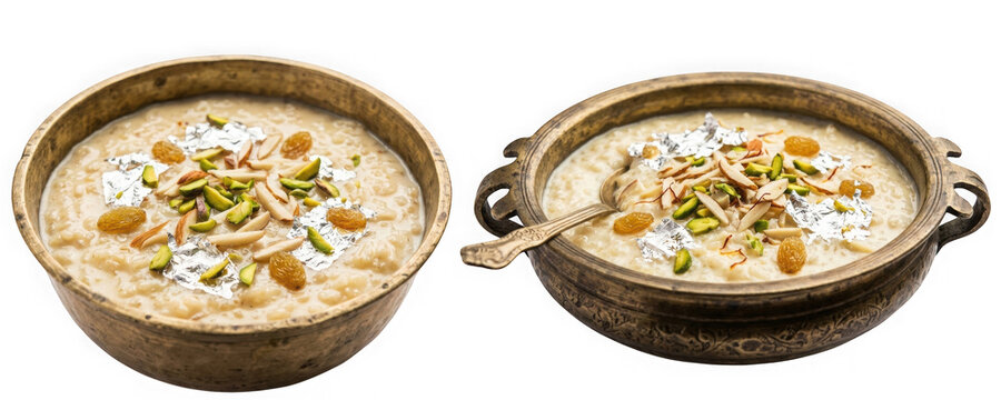 Two bowls of indian rice pudding kheer isolated on transparent background