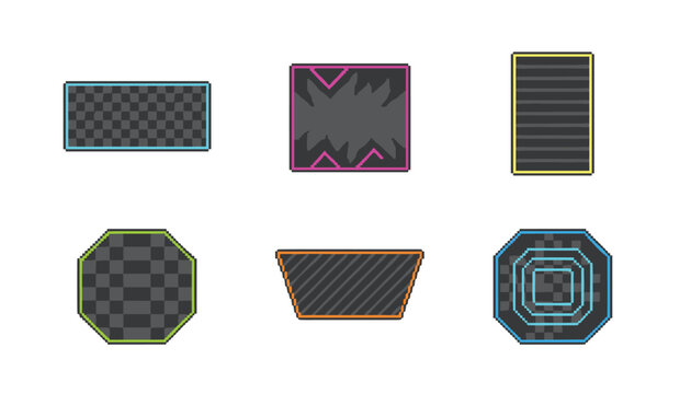 Pixel art collection of futuristic sci fi user interface frames and buttons on a white background