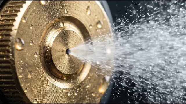 Brass misting nozzle tip discharging a fine hollow spray of tiny water droplets from its polished circular orifice