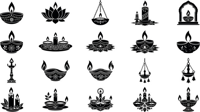 Collection of black silhouette oil lamps lotus flowers and hanging lanterns against a white background candleholders candelabra diwali diva eastern