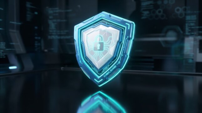 Digital security shield with glowing blue lines and padlock icon representing data protection and cyber safety in a futuristic environment