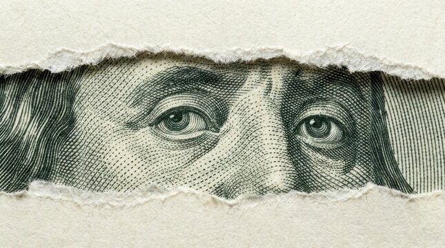 Benjamin Franklin's eyes on a hundred dollar bill peeking through torn paper, symbolizing hidden money or financial secrets.