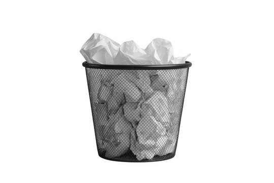 Black mesh trash bin filled with crumpled paper isolated
