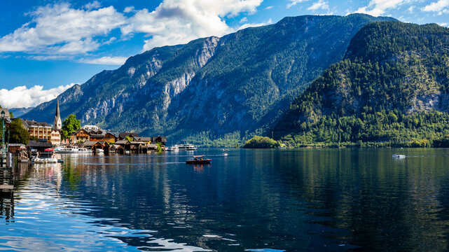 Picturesque Hallstatt Village Austria Nestled Between Majestic Alps and Deep Blue Lake