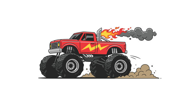 Red monster truck with big wheels spitting fire and smoke