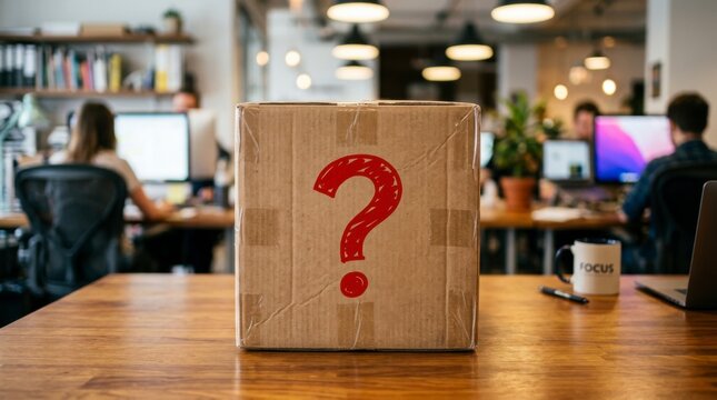 Cardboard box with a red question mark on a wooden desk in a modern office environment, symbolizing mystery, surprise, or an unknown delivery.