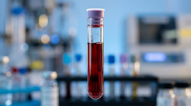 scientific laboratory test tube filled with deep red liquid amidst blurred lab equipment background