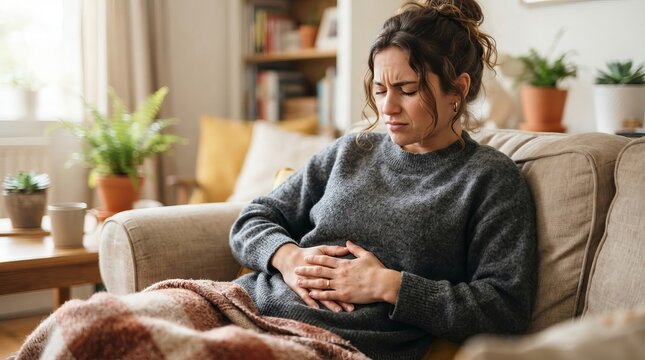 Young woman feeling stomach pain sitting on a sofa comfortably with a warm blanket in cozy home