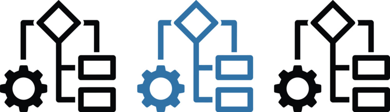Workflow automation algorithm icons, business process management flowcharts, digital logic diagram set, technical system architecture vector graphics