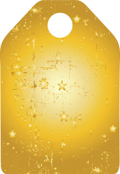 A luxurious golden gift tag features a distressed metallic texture with scattered glowing stars and sparkling light effects.