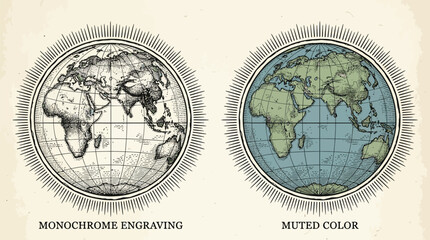 Fototapeta premium Vintage world map globe vector, monochrome engraving and muted color earth illustrations, antique cartography style for history and travel design
