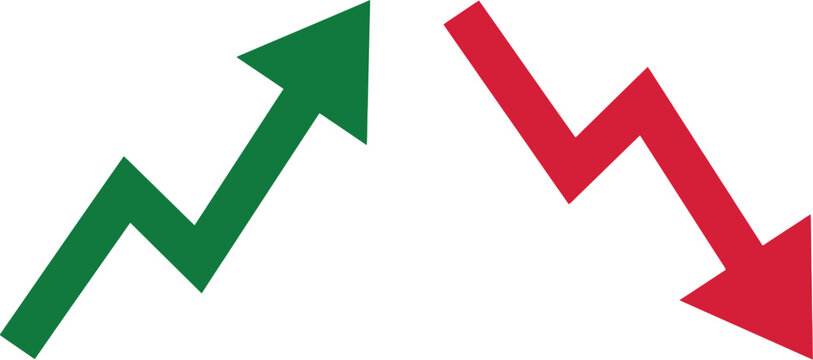 Financial stock market arrows showing growth and decline. Green upward trend arrow and red downward trend arrow. Business performance and economic data vector icons.