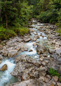 Clear mountain stream flowing over rocks amidst lush green forest in Ramsau bei Berchtesgaden Bavaria Germany