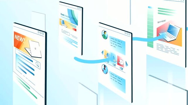 Animated digital user interface journey showcasing web browser navigation flow with glowing energy paths in this smooth modern motion clip