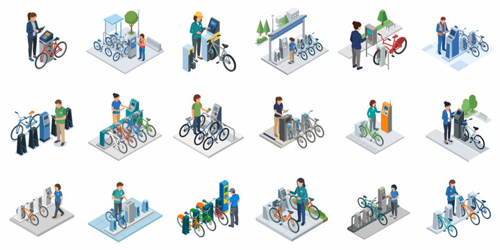 Isometric vector illustration set of people using smart bicycle sharing stations, automated rental kiosks, and public bike parking docks for sustainable urban mobility and transportation.