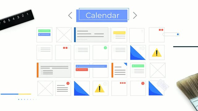 Calendar user interface wireframe animation showing interactive scheduling tools and task management elements displayed on a clean white digital background