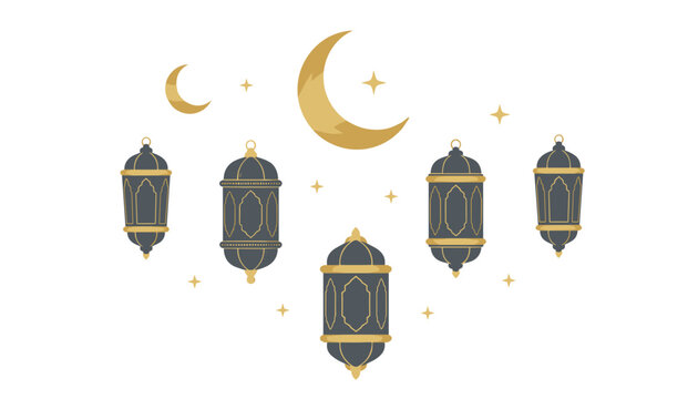 Five hanging traditional lanterns with gold crescent moons and stars on white background