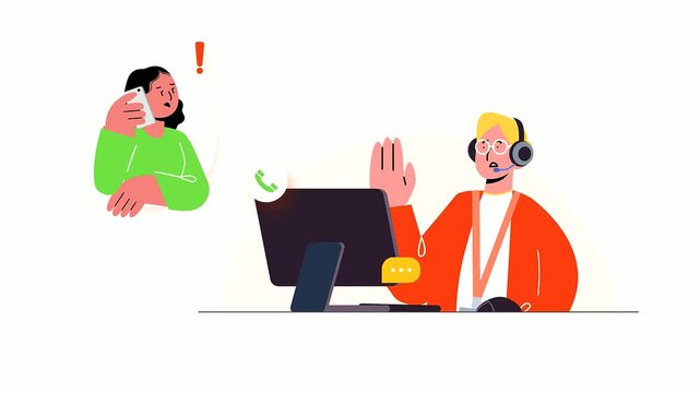 Customer service operator providing remote support to frustrated client through digital computer animation motion footage for modern communication business projects