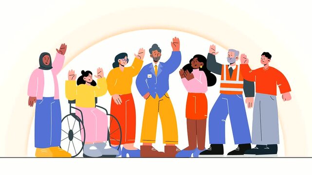 Diverse group of professional people waving their hands in this colorful flat animation style digital motion clip for social inclusion
