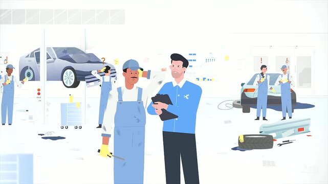 Auto repair shop service workers discussing complex vehicle maintenance issues in a professional digital motion animation clip for automotive industry